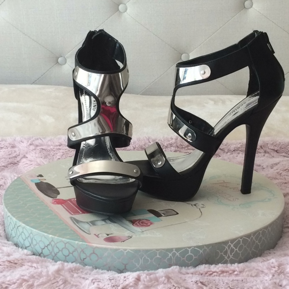 Call It Spring-Black Leather & Silver Metal Heels